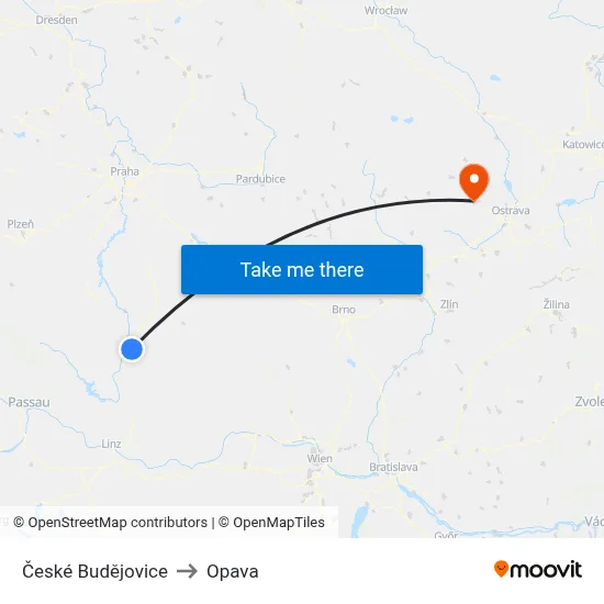 České Budějovice to Opava map