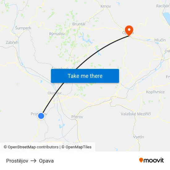 Prostějov to Opava map