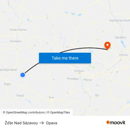 Žďár Nad Sázavou to Opava map