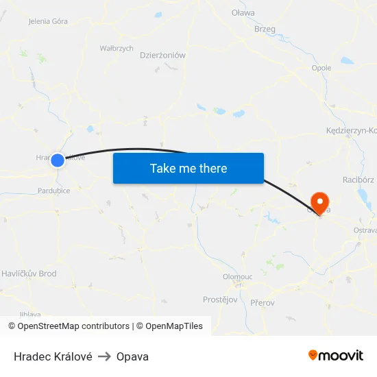 Hradec Králové to Opava map