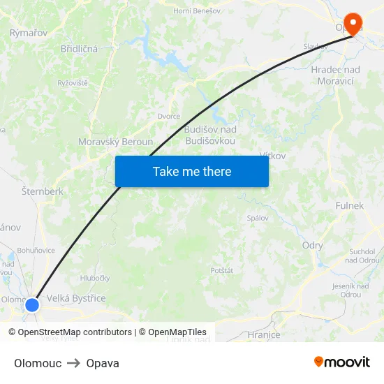 Olomouc to Opava map