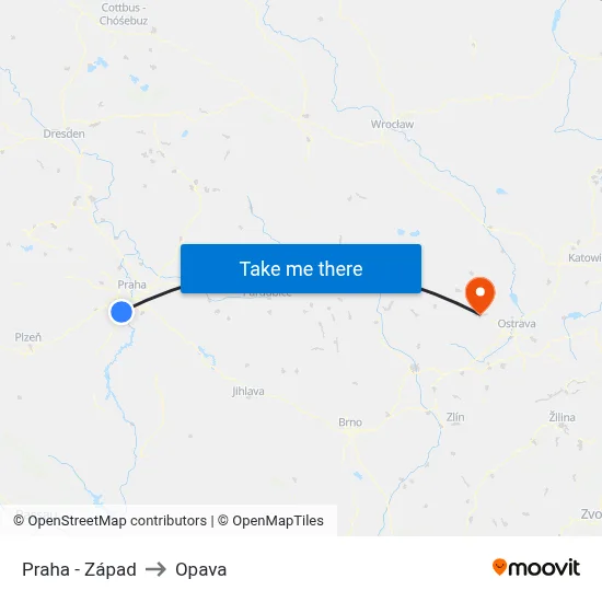 Praha - Západ to Opava map