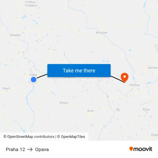 Praha 12 to Opava map