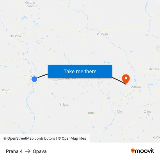 Praha 4 to Opava map