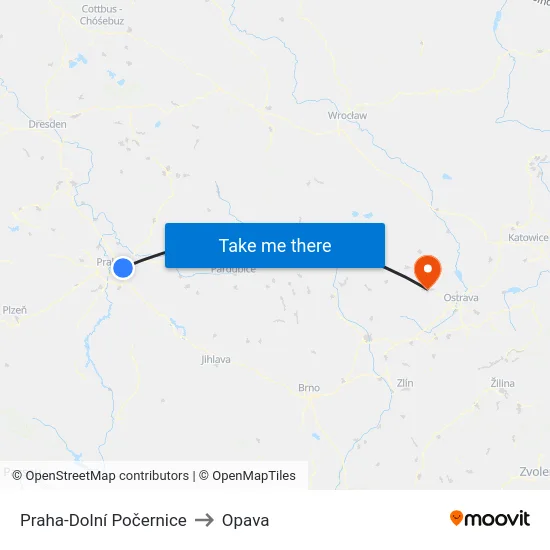 Praha-Dolní Počernice to Opava map