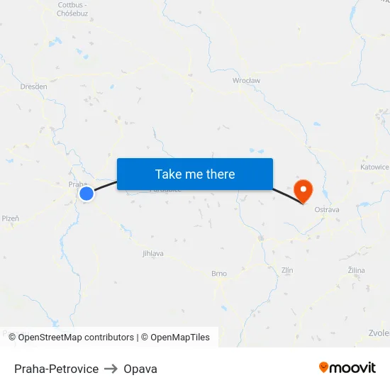 Praha-Petrovice to Opava map