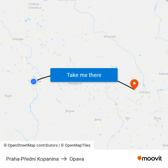 Praha-Přední Kopanina to Opava map