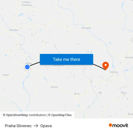 Praha-Slivenec to Opava map