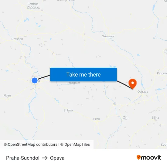 Praha-Suchdol to Opava map