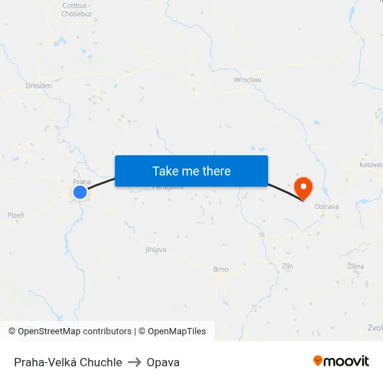 Praha-Velká Chuchle to Opava map