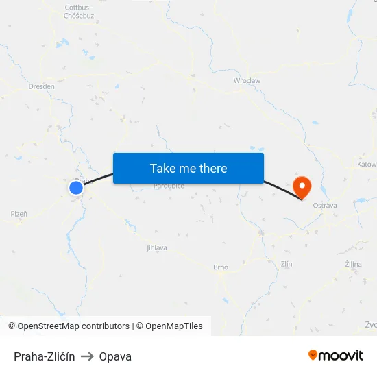 Praha-Zličín to Opava map