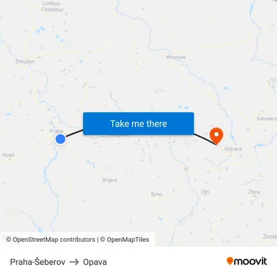 Praha-Šeberov to Opava map