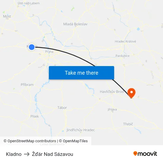Kladno to Žďár Nad Sázavou map