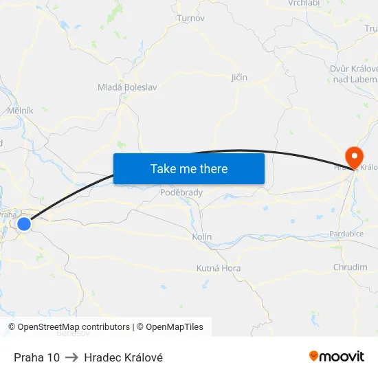 Praha 10 to Hradec Králové map