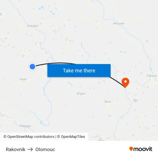 Rakovník to Olomouc map