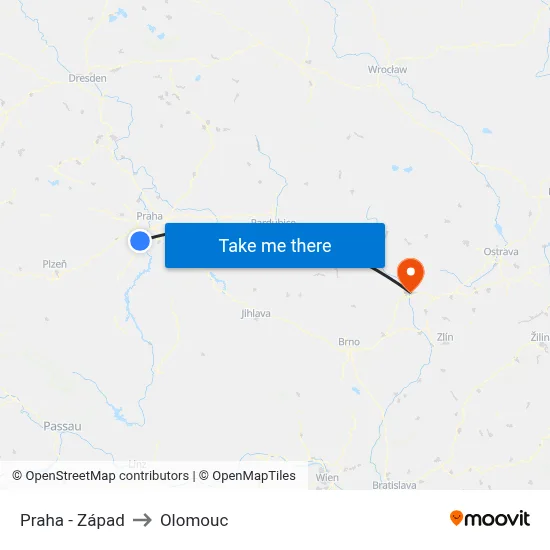 Praha - Západ to Olomouc map