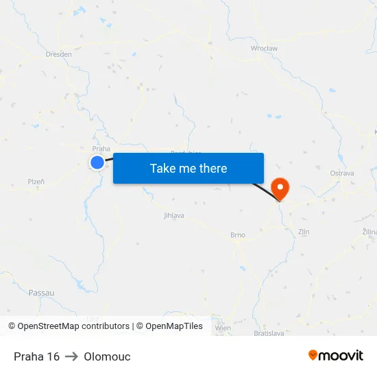 Praha 16 to Olomouc map