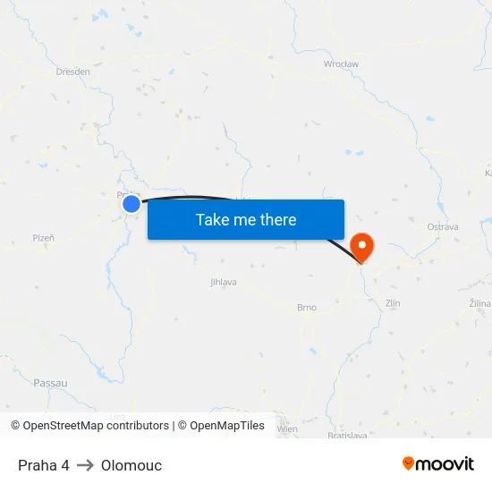 Praha 4 to Olomouc map