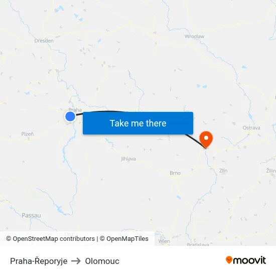Praha-Řeporyje to Olomouc map
