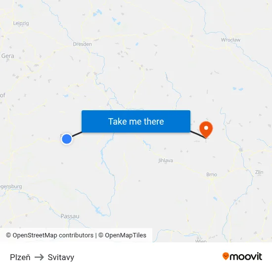 Plzeň to Svitavy map