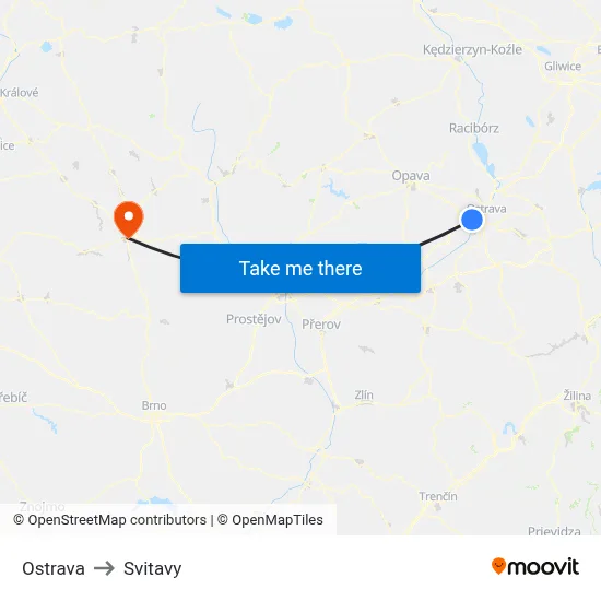 Ostrava to Svitavy map