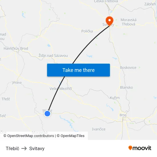 Třebíč to Svitavy map