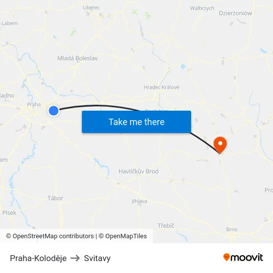 Praha-Koloděje to Svitavy map
