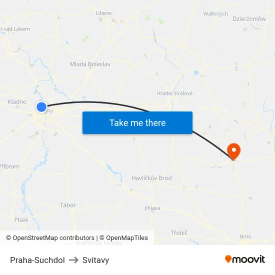 Praha-Suchdol to Svitavy map