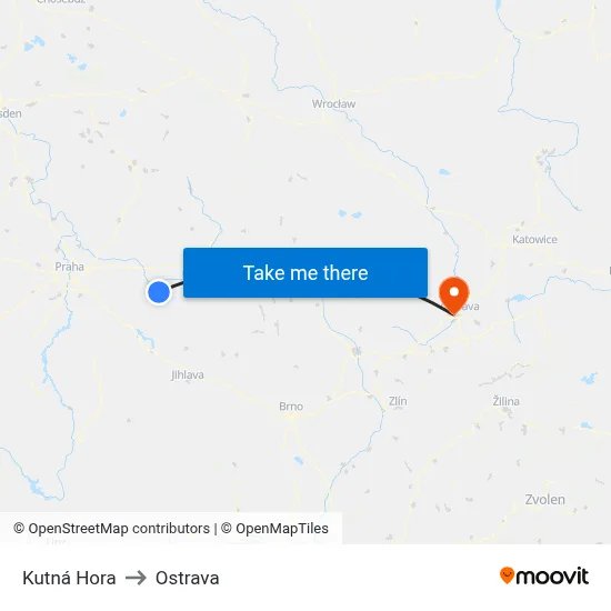 Kutná Hora to Ostrava map