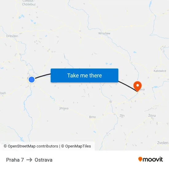 Praha 7 to Ostrava map