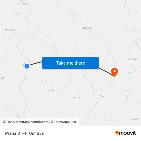 Praha 8 to Ostrava map