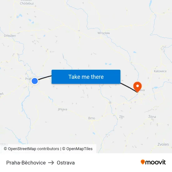 Praha-Běchovice to Ostrava map