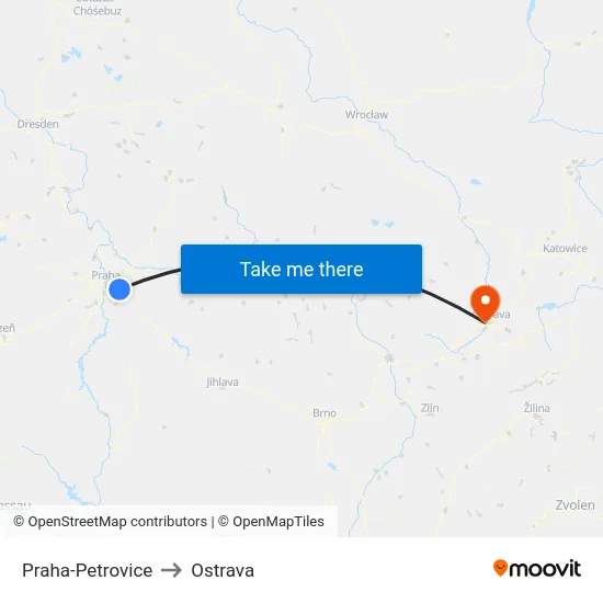 Praha-Petrovice to Ostrava map