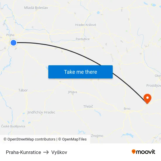 Praha-Kunratice to Vyškov map