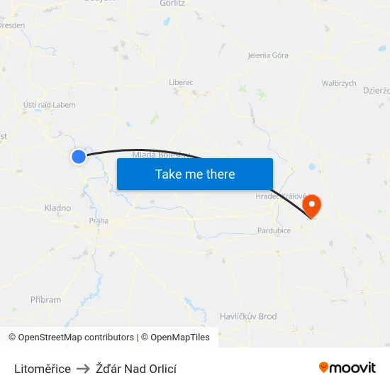 Litoměřice to Žďár Nad Orlicí map