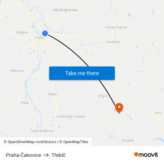 Praha-Čakovice to Třebíč map