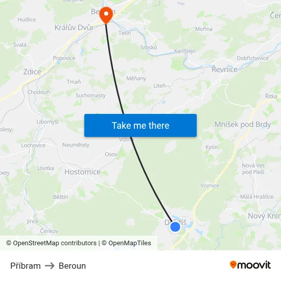Příbram to Beroun map