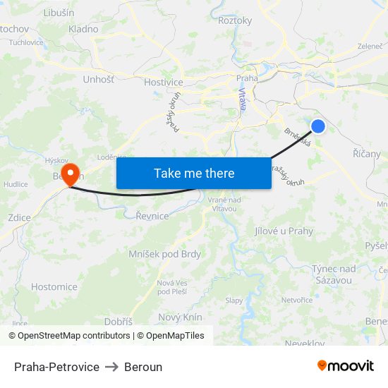 Praha-Petrovice to Beroun map