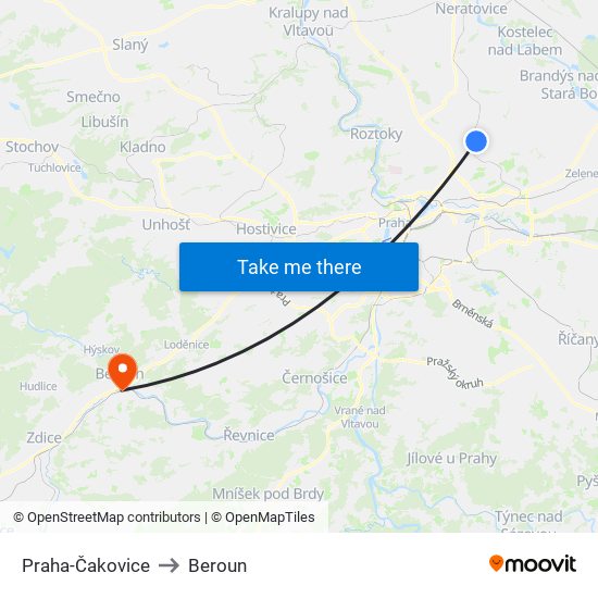 Praha-Čakovice to Beroun map