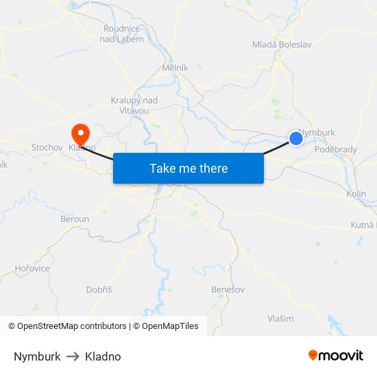 Nymburk to Kladno map