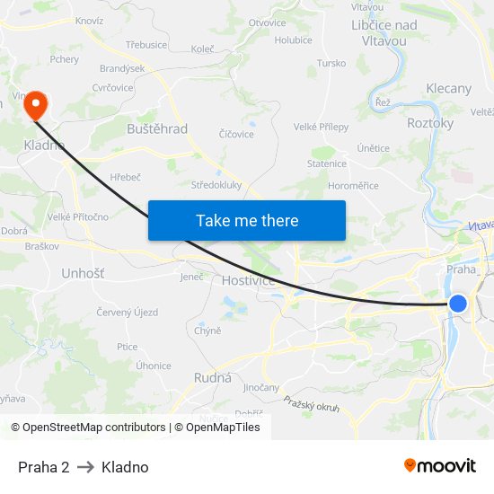Praha 2 to Kladno map