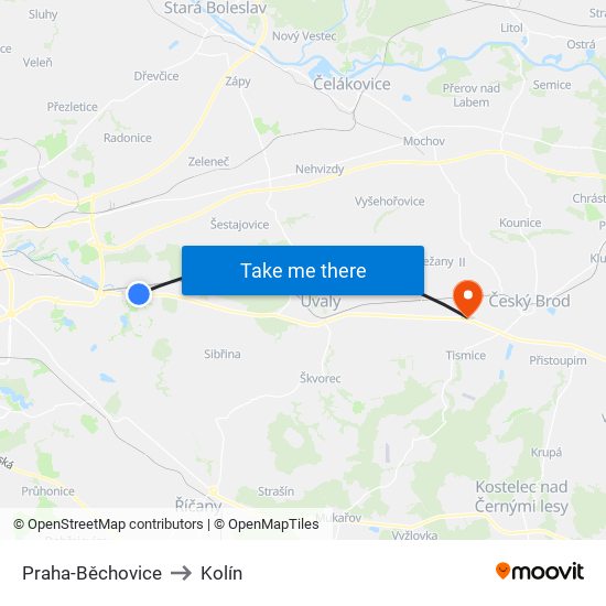 Praha-Běchovice to Kolín map