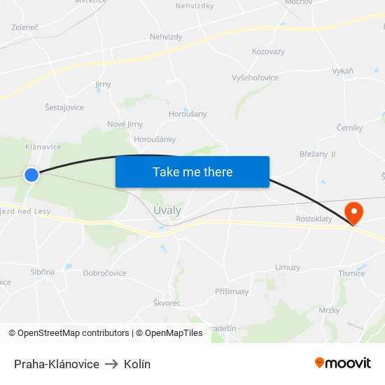 Praha-Klánovice to Kolín map