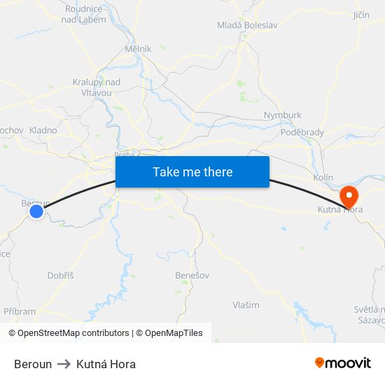 Beroun to Kutná Hora map