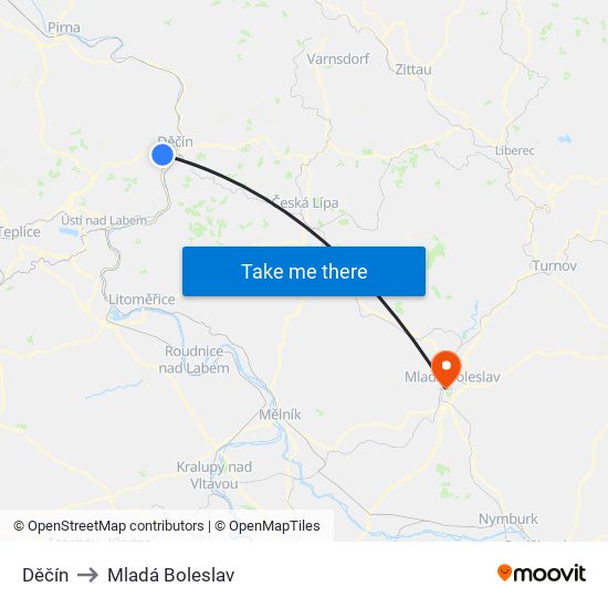 Děčín to Mladá Boleslav map