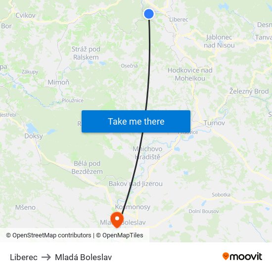 Liberec to Mladá Boleslav map