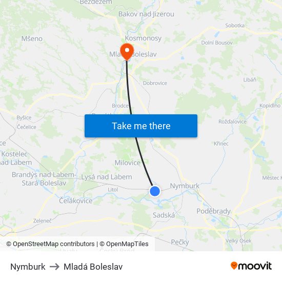 Nymburk to Mladá Boleslav map