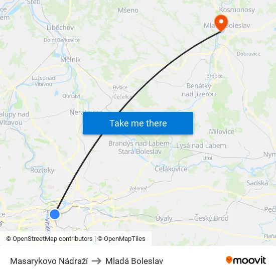 Masarykovo Nádraží to Mladá Boleslav map