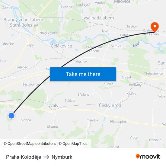 Praha-Koloděje to Nymburk map