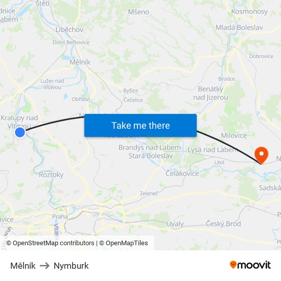 Mělník to Nymburk map